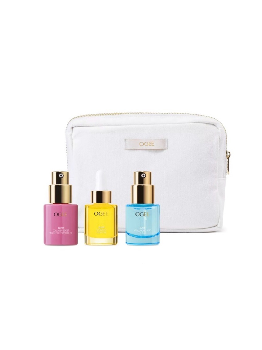 OGEE Women's Skincare Serum Trio with White Pouch - Pink, Yellow, Blue